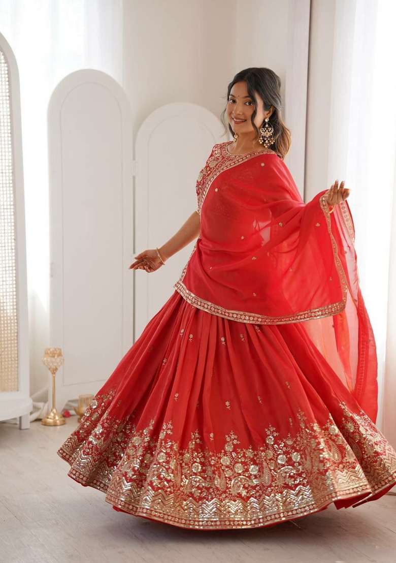 Orange Thread Work Silk Blend Lehenga Set for Diwali and Festive Wear - Indya