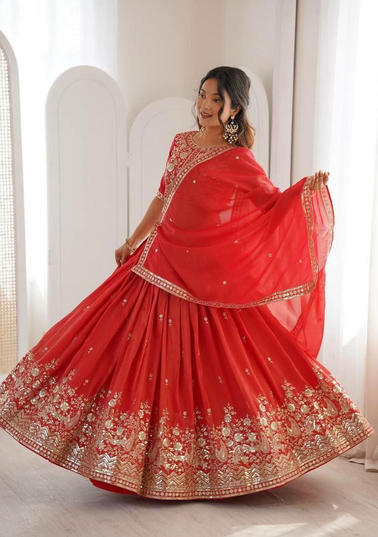 Orange Thread Work Silk Blend Lehenga Set - Indya