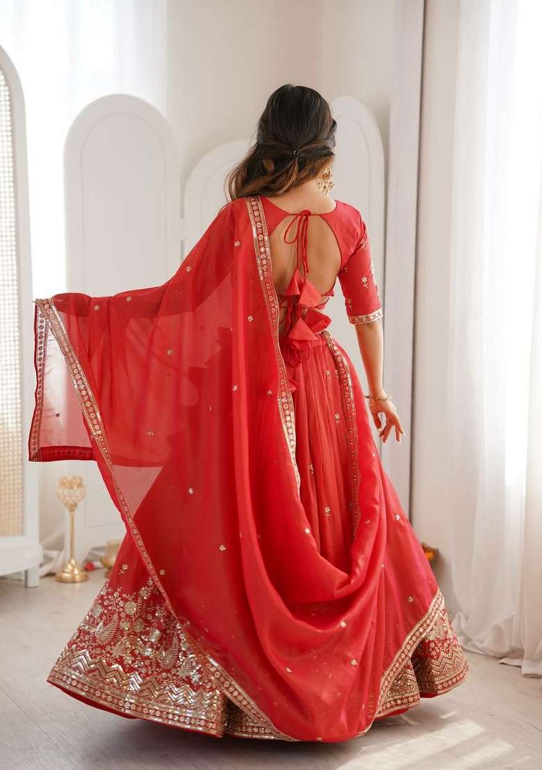 Orange Thread Work Silk Blend Lehenga Set for Diwali and Festive Wear - Indya
