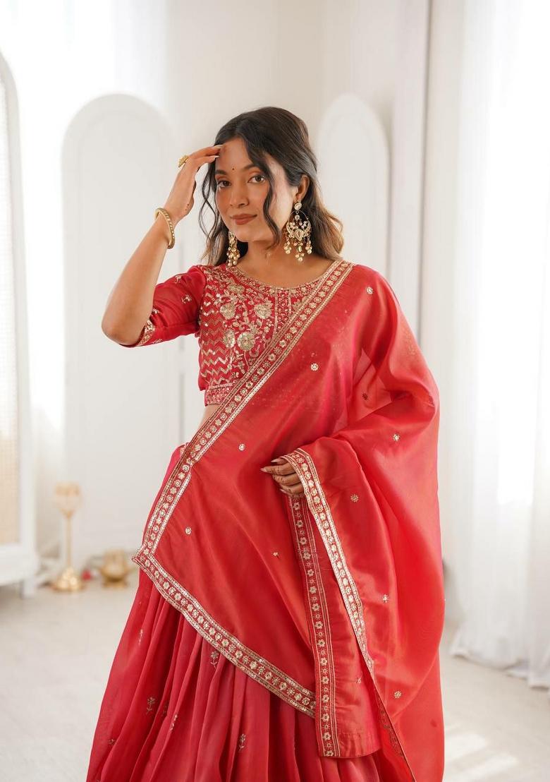 Orange Thread Work Silk Blend Lehenga Set - Indya