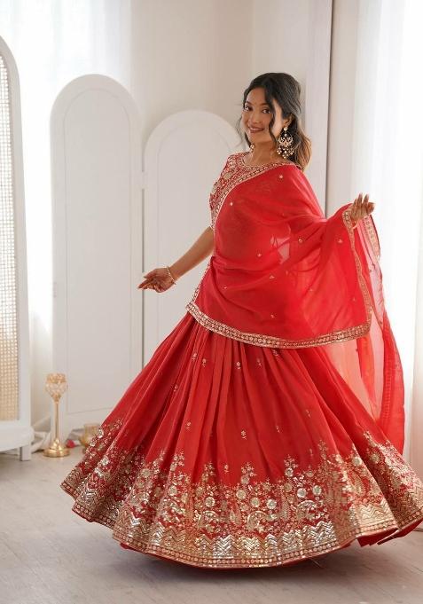 Orange Thread Work Silk Blend Lehenga Set