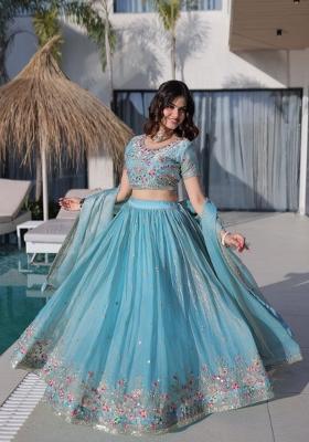Sky Blue Embroidered Silk Blend Lehenga Set