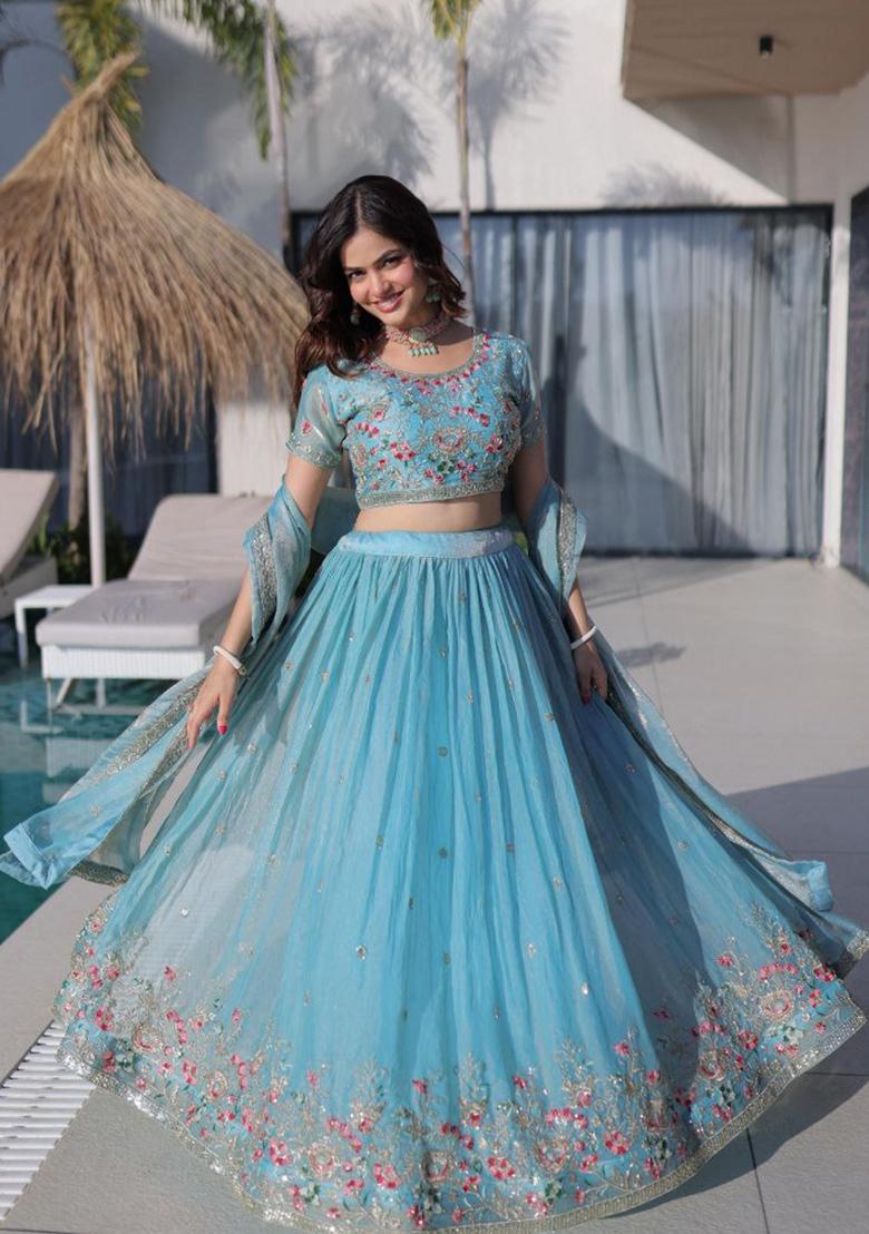 Sky Blue Embroidered Silk Blend Lehenga Set - Indya