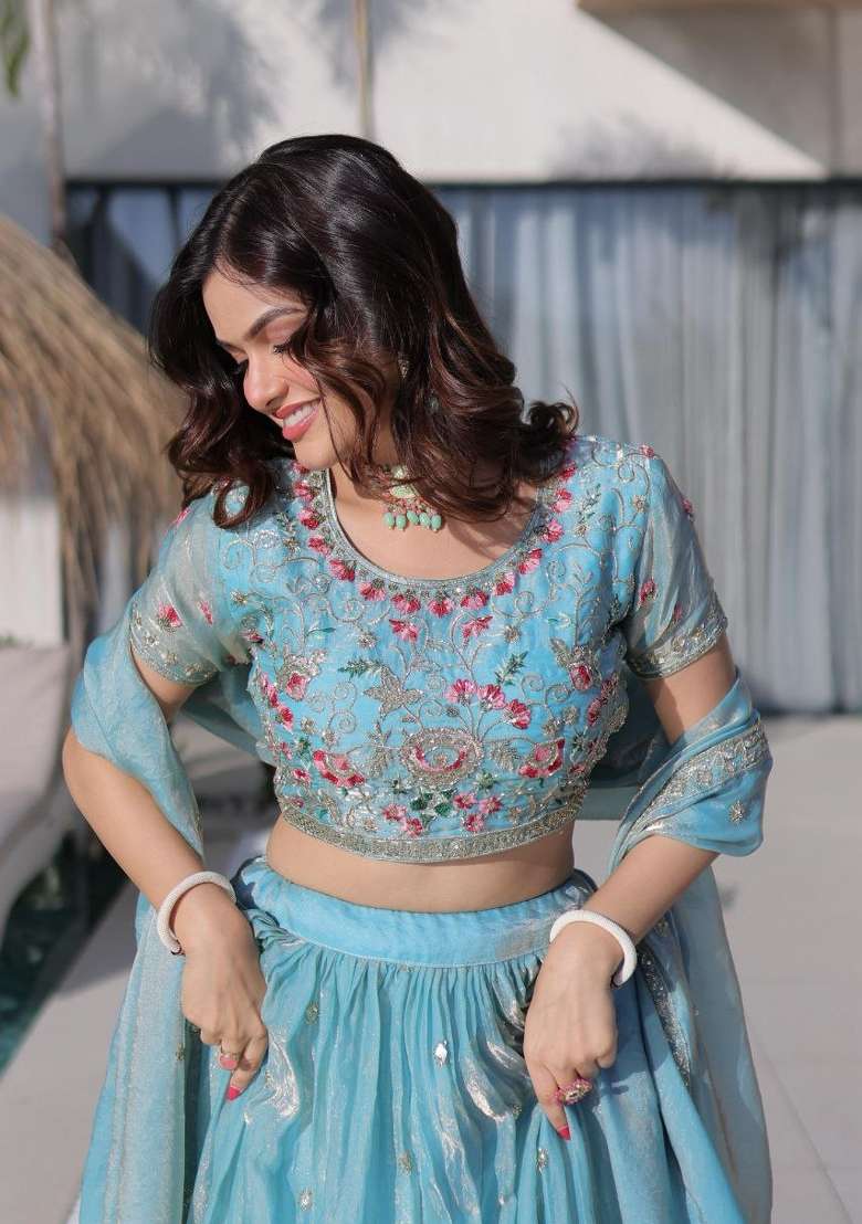 Sky Blue Embroidered Silk Blend Lehenga Set for Diwali and Festive Wear - Indya