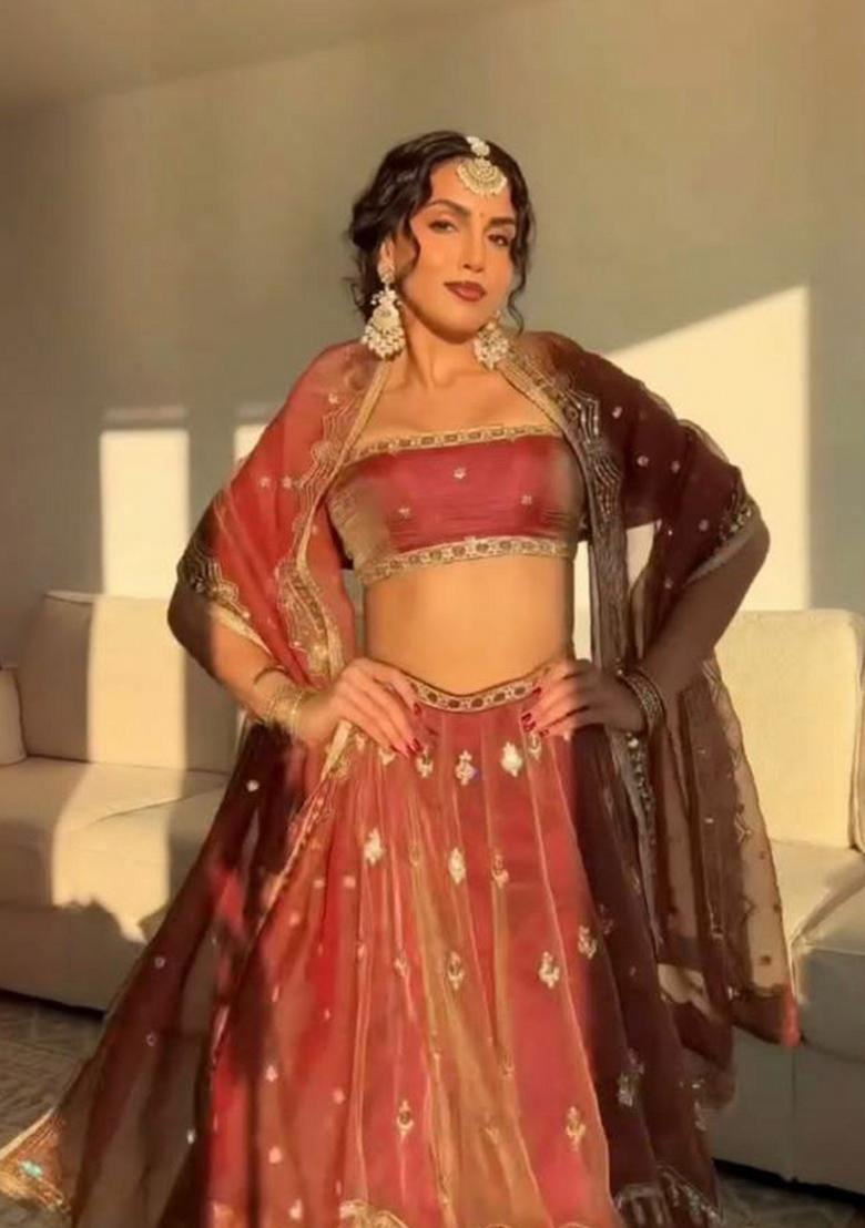 Sky Blue Thread Work Silk Blend Lehenga Set - Indya