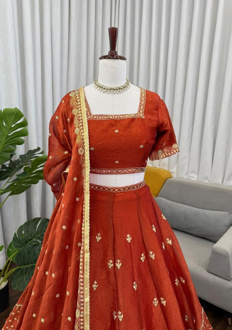 Sky Blue Thread Work Silk Blend Lehenga Set - Indya