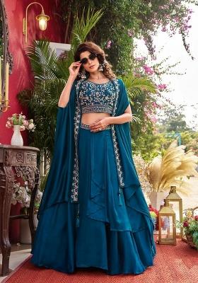 Navy Blue Thread Work Silk Blend Lehenga Set