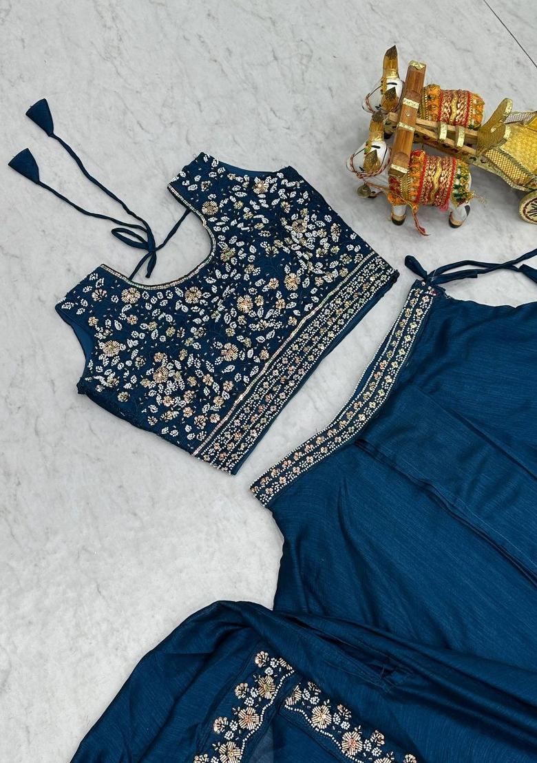 Navy Blue Thread Work Silk Blend Lehenga Set - Indya