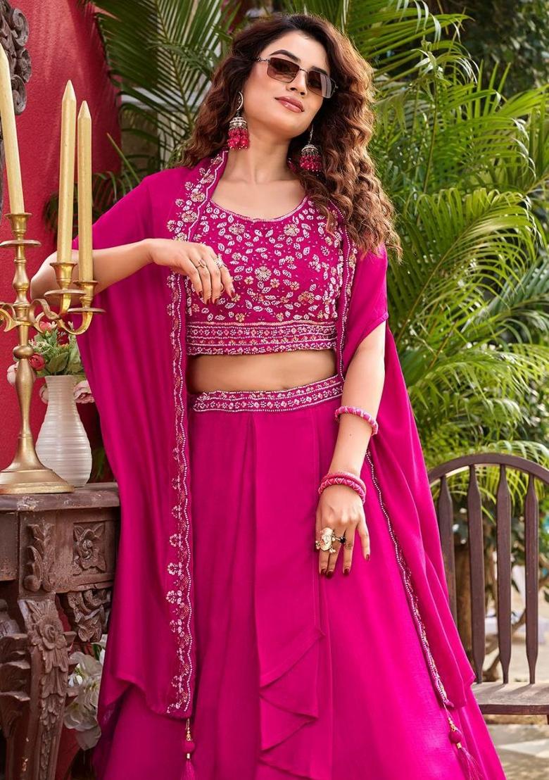 Pink Thread Work Silk Blend Lehenga Set - Indya