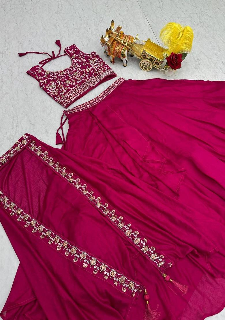 Pink Thread Work Silk Blend Lehenga Set - Indya