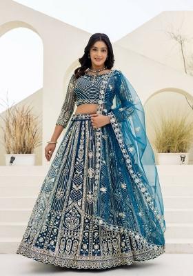 Blue Sequin Work Net Lehenga Set