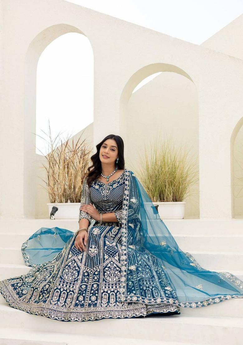 Blue Sequin Work Net Lehenga Set - Indya