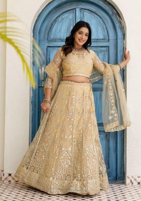 Cream Sequin Work Net Lehenga Set