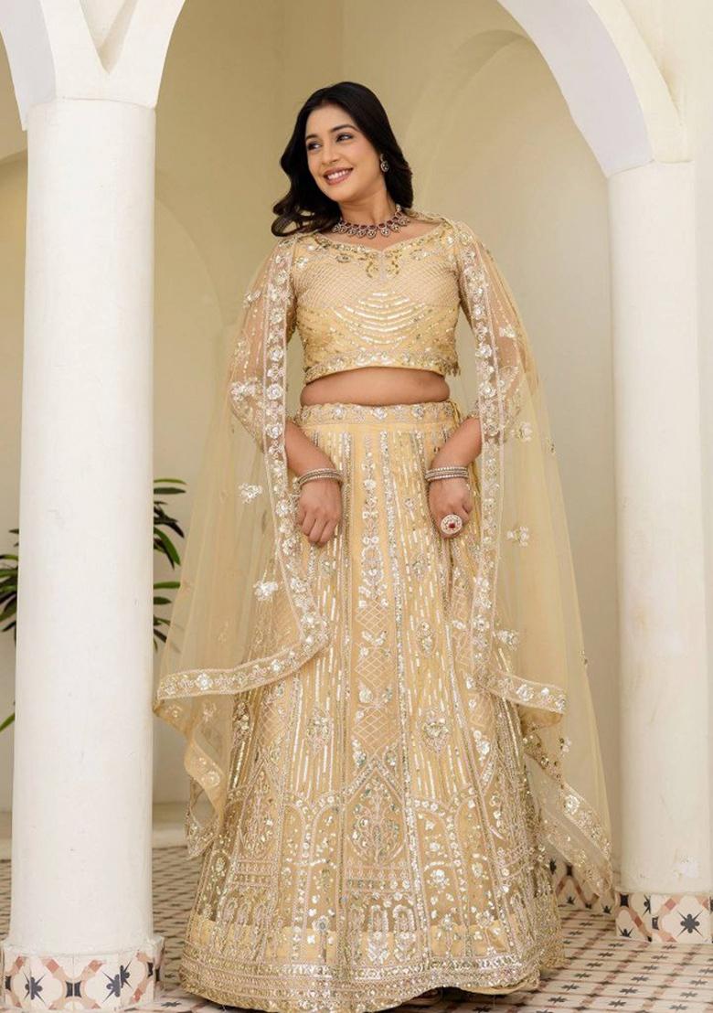 Cream Sequin Work Net Lehenga Set - Indya