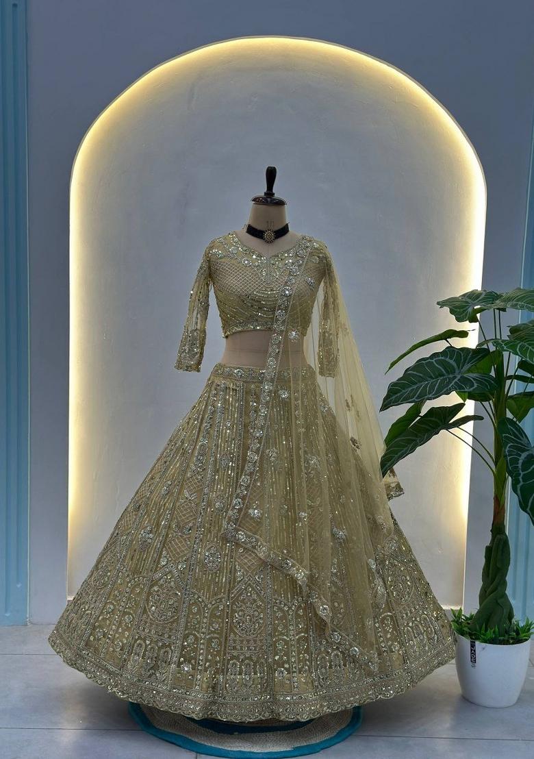 Cream Sequin Work Net Lehenga Set - Indya