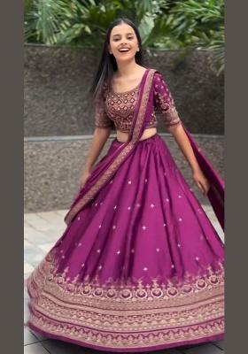 Purple Thread Work Chinon Lehenga Set