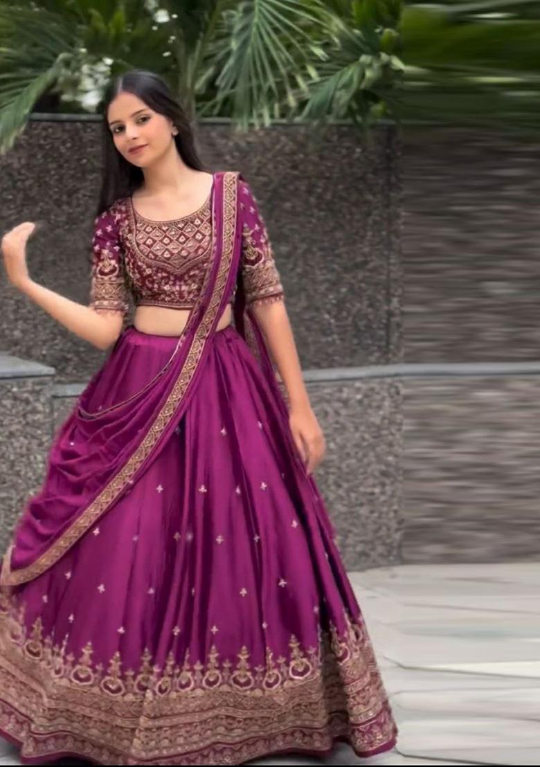 Purple Thread Work Chinon Lehenga Set - Indya