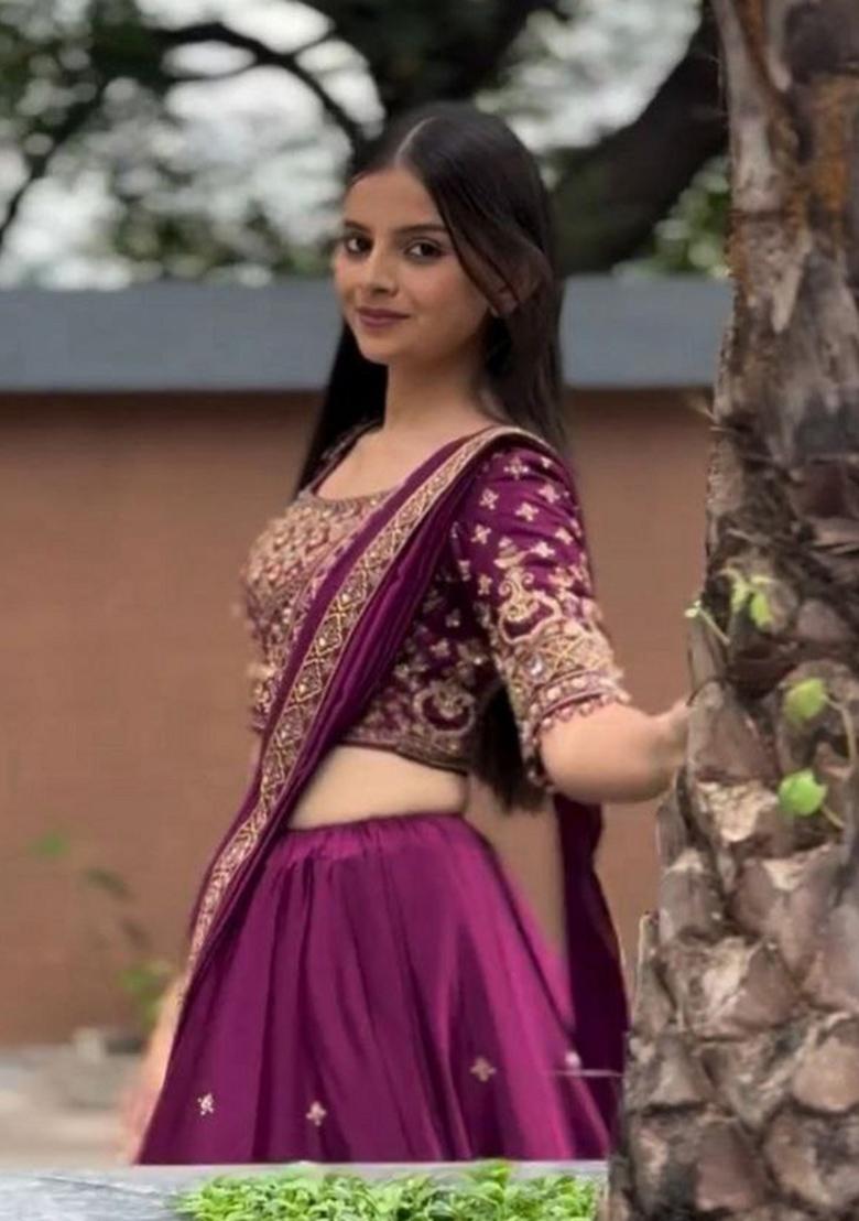 Purple Thread Work Chinon Lehenga Set - Indya