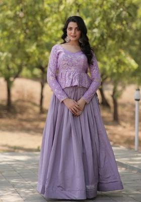 Lavender Embroidered Vichitra Lehenga Set