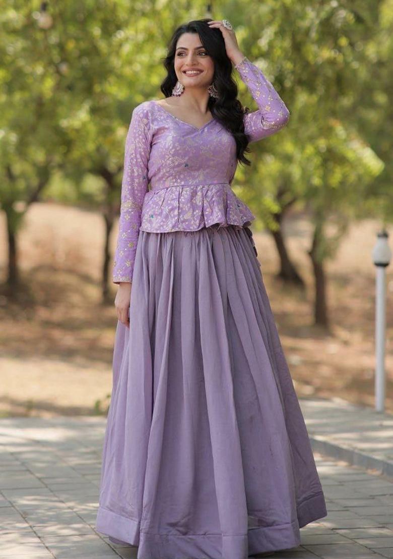 Lavender Embroidered Vichitra Lehenga Set - Indya