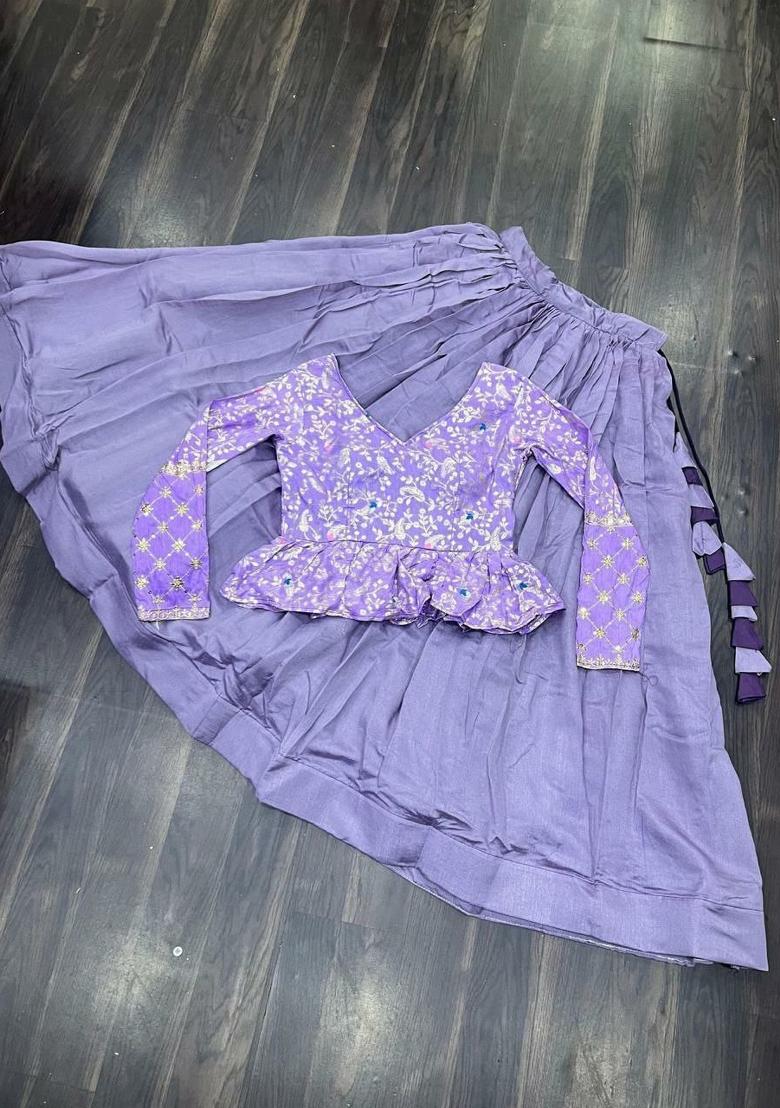 Lavender Embroidered Vichitra Lehenga Set - Indya
