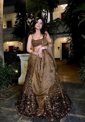 Brown Sequin Work Silk Blend Lehenga Set