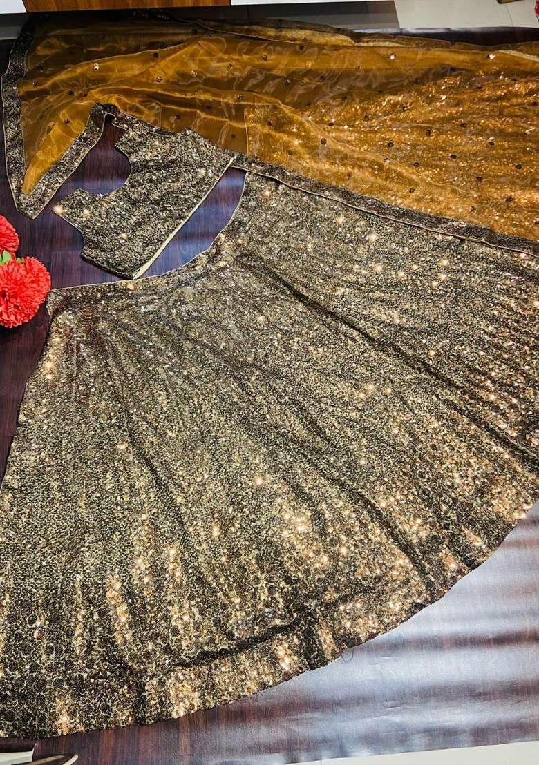 Brown Sequin Work Silk Blend Lehenga Set for Diwali and Festive Wear - Indya