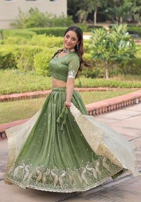 Green Embroidered Gold Crush Lehenga Set
