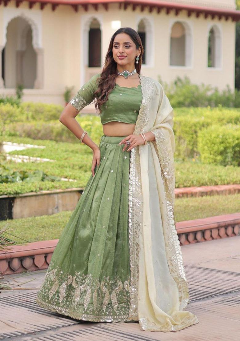 Green Embroidered Gold Crush Lehenga Set - Indya