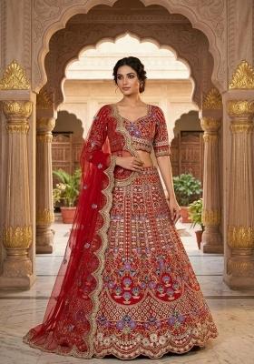 Red Sequin Work Silk Blend Lehenga Set