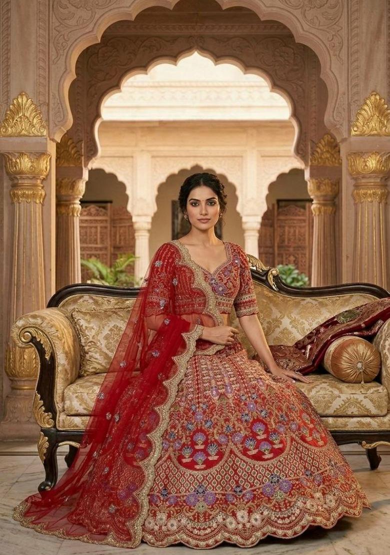 Red Sequin Work Silk Blend Lehenga Set - Indya