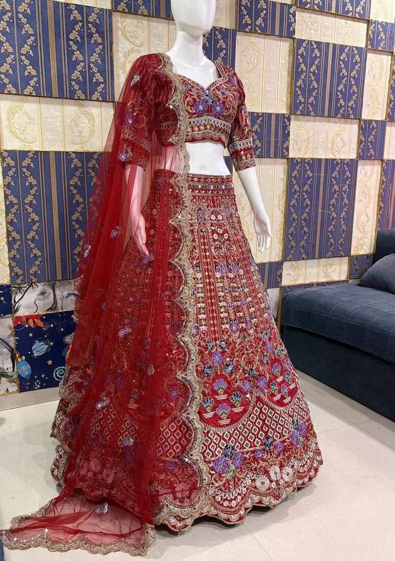 Red Sequin Work Silk Blend Lehenga Set for Diwali and Festive Wear - Indya