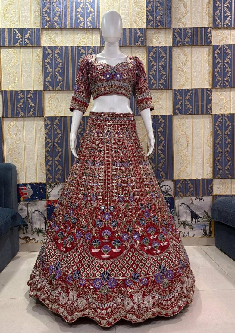 Red Sequin Work Silk Blend Lehenga Set - Indya