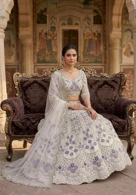 White Sequin Work Silk Blend Lehenga Set