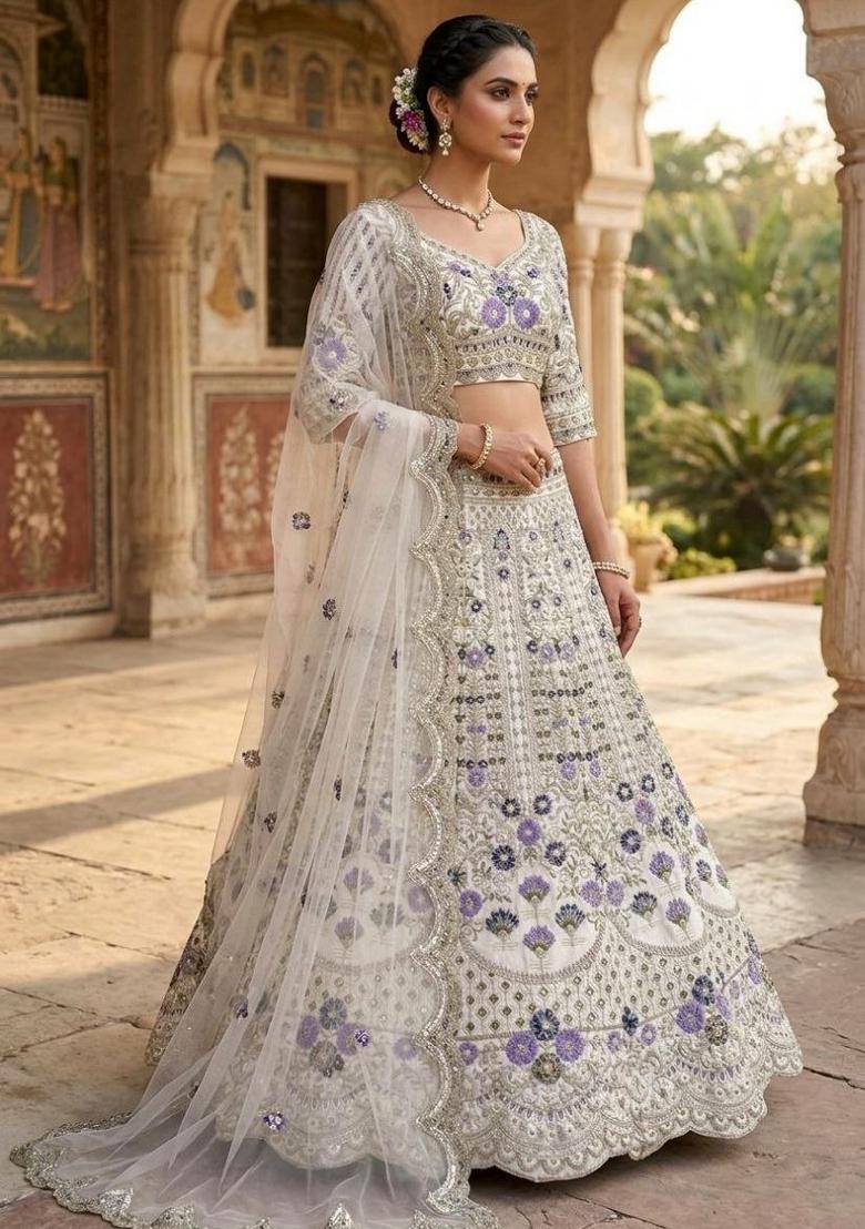 White Sequin Work Silk Blend Lehenga Set - Indya