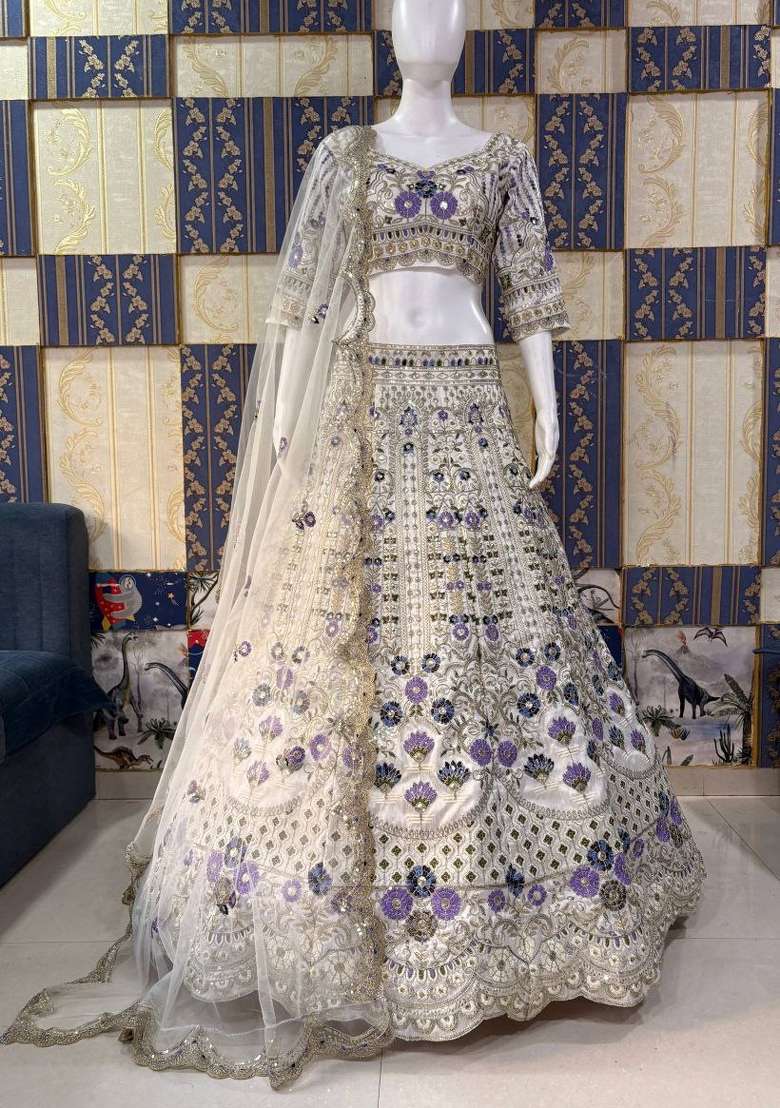 White Work Silk Blend Lehenga Set with Sequin for Diwali | Wedding & Festive Wear - Indya