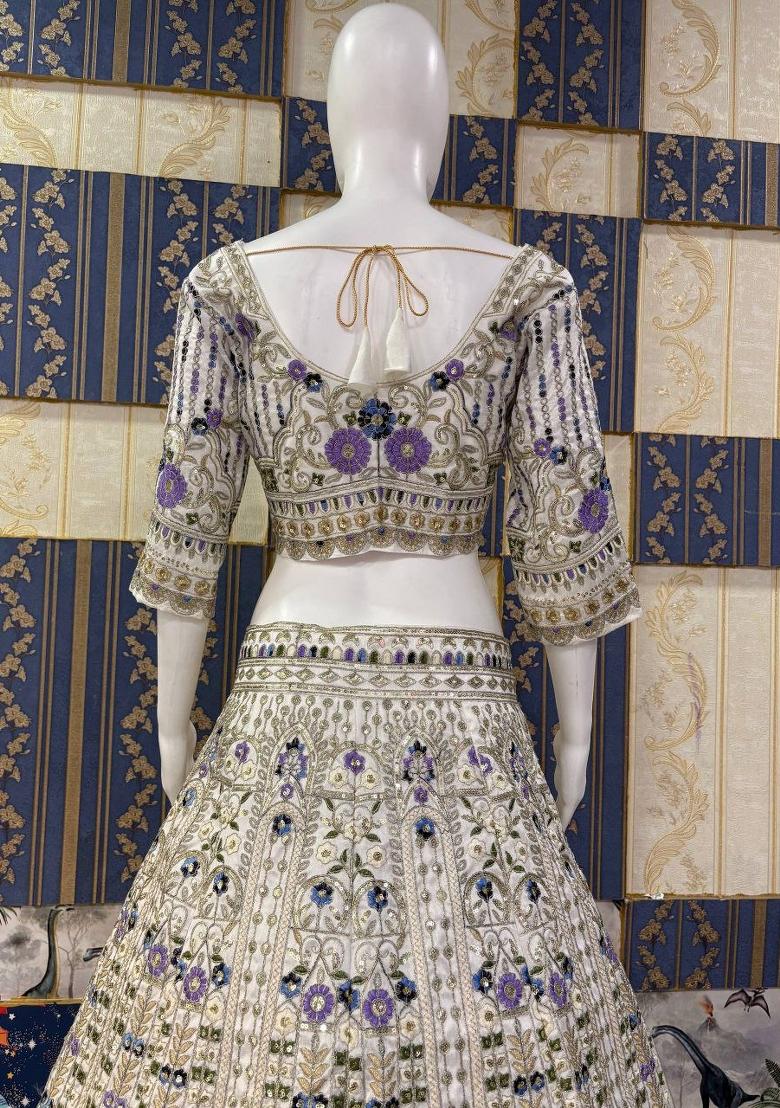 White Sequin Work Silk Blend Lehenga Set - Indya