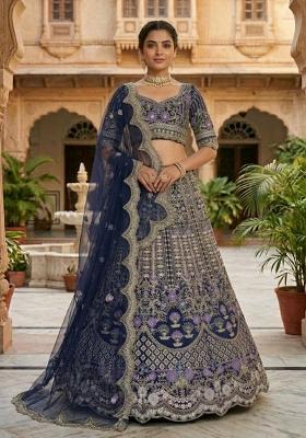Blue Sequin Work Silk Blend Lehenga Set