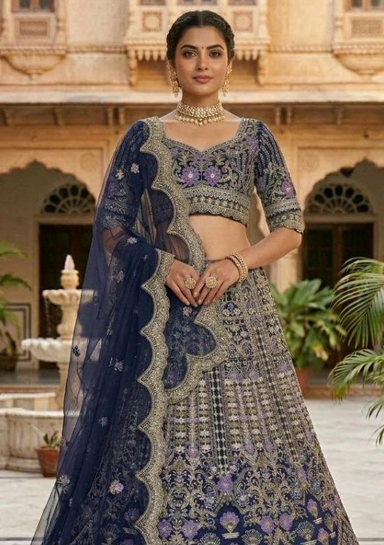 Blue Sequin Work Silk Blend Lehenga Set - Indya