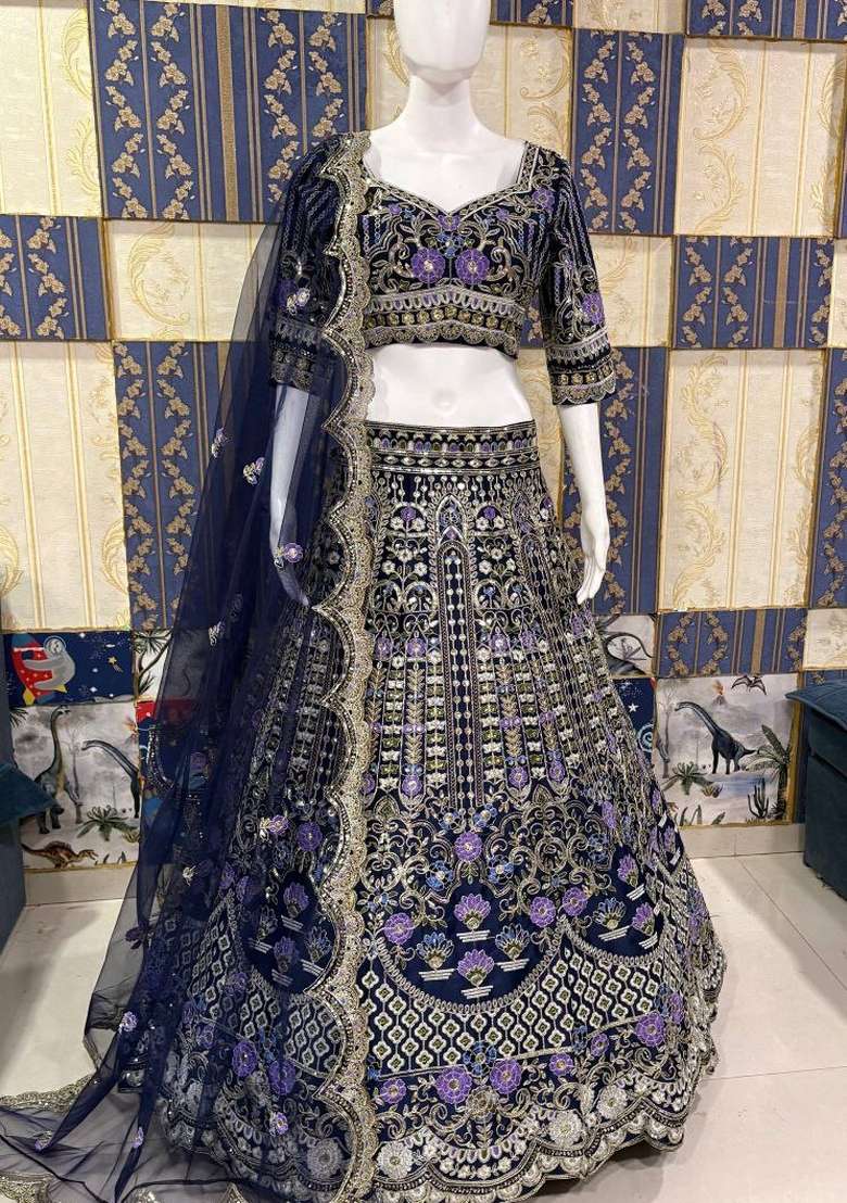 Blue Sequin Work Silk Blend Lehenga Set for Diwali and Festive Wear - Indya