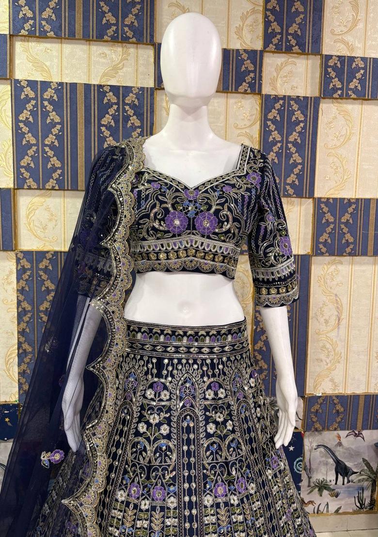 Blue Sequin Work Silk Blend Lehenga Set - Indya
