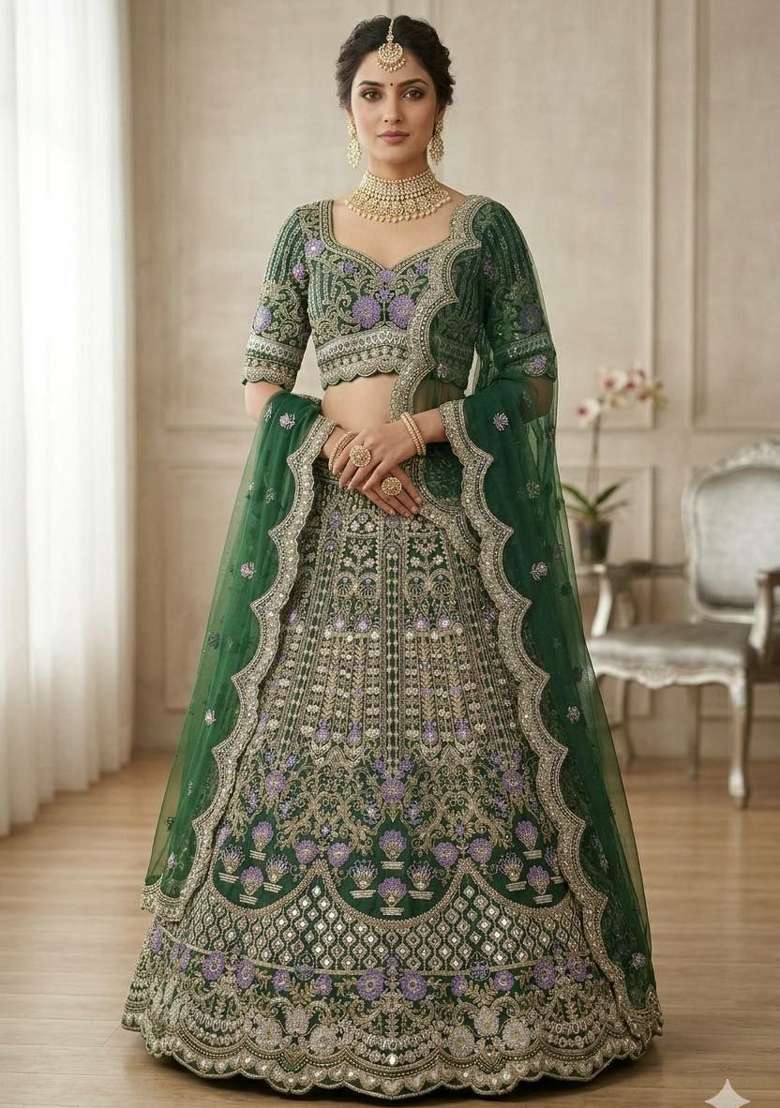 Green Sequin Work Silk Blend Lehenga Set for Diwali and Festive Wear - Indya