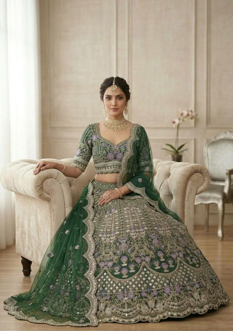 Green Sequin Work Silk Blend Lehenga Set - Indya