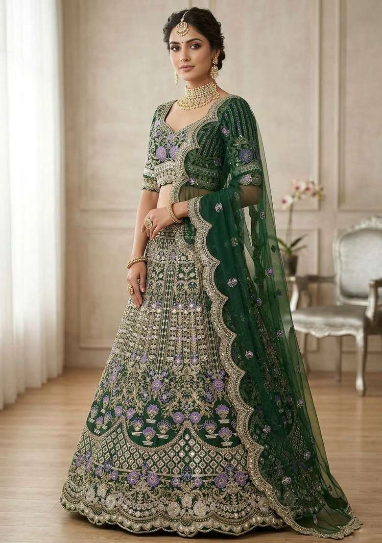 Green Sequin Work Silk Blend Lehenga Set for Diwali and Festive Wear - Indya