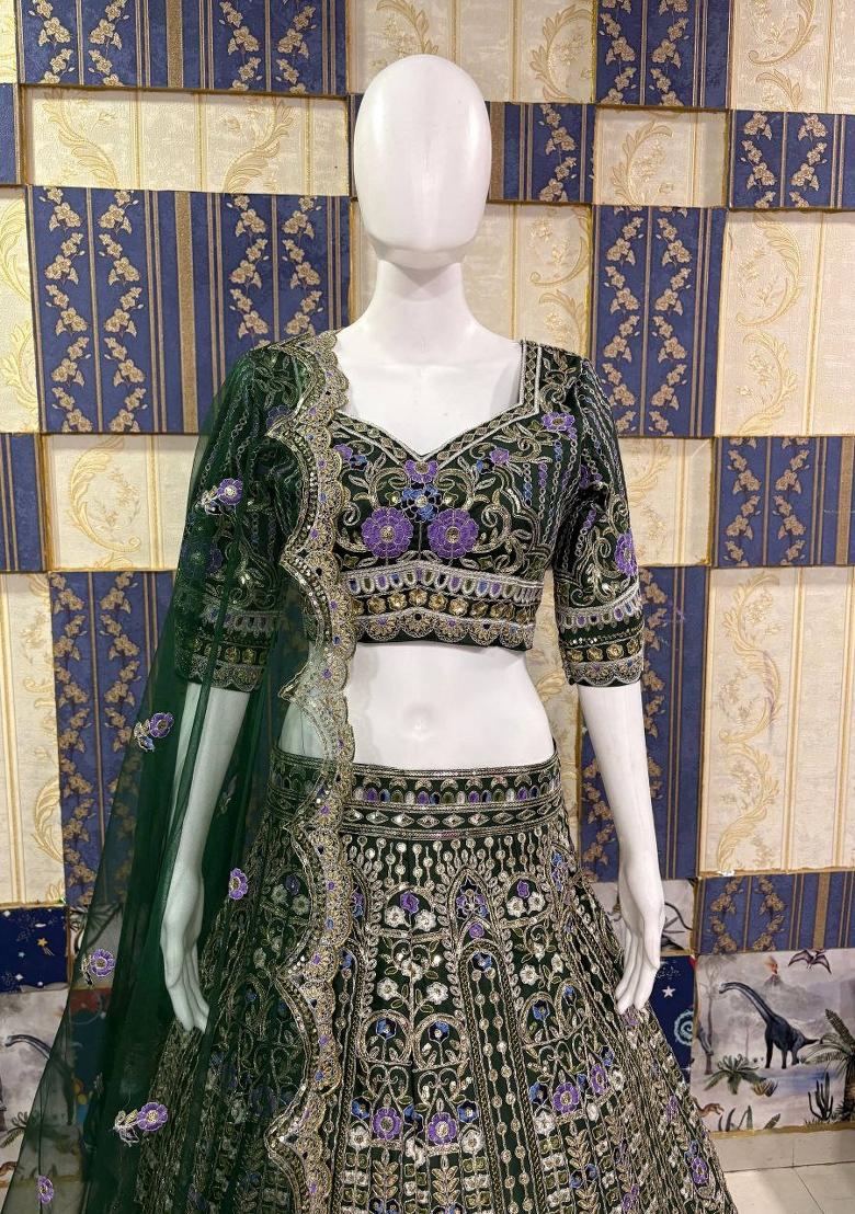 Green Sequin Work Silk Blend Lehenga Set - Indya