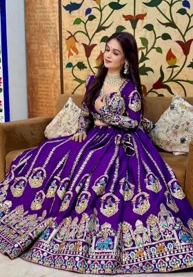 Purple Embroidered Vichitra Lehenga Set
