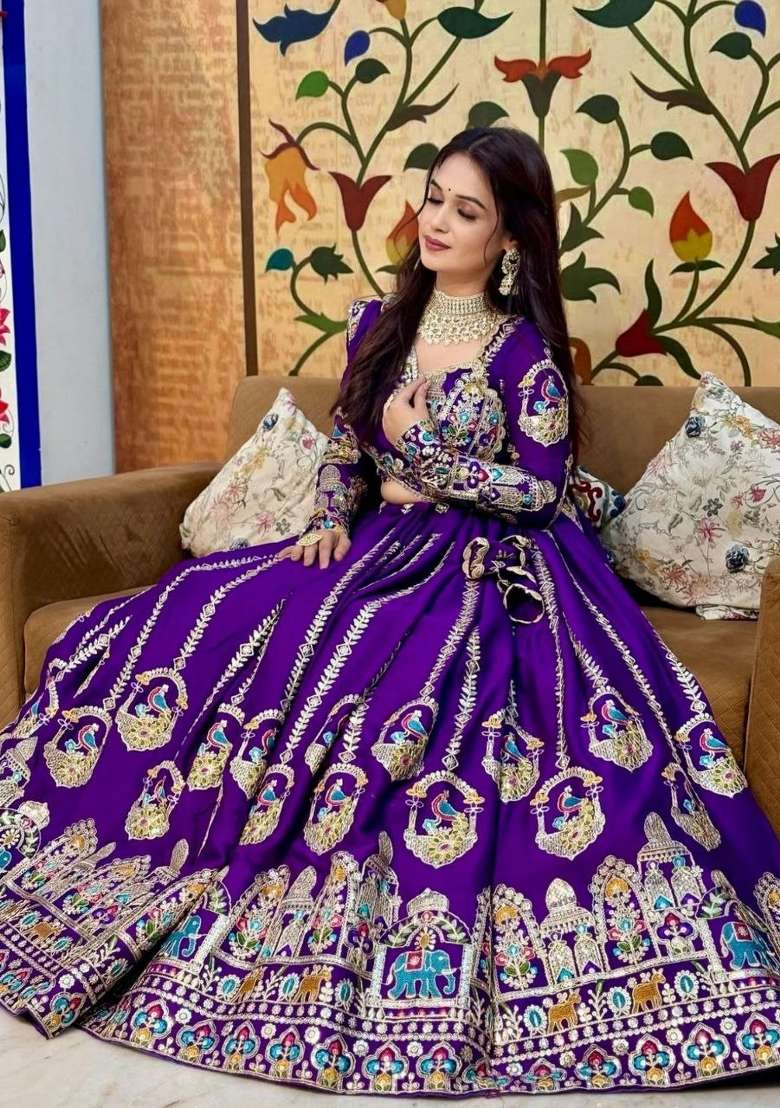 Purple Embroidered Vichitra Lehenga Set - Indya