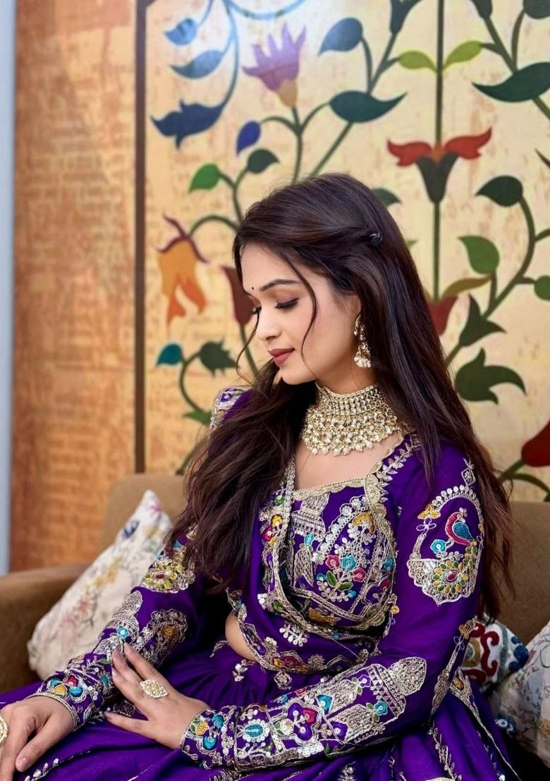 Purple Embroidered Vichitra Lehenga Set - Indya