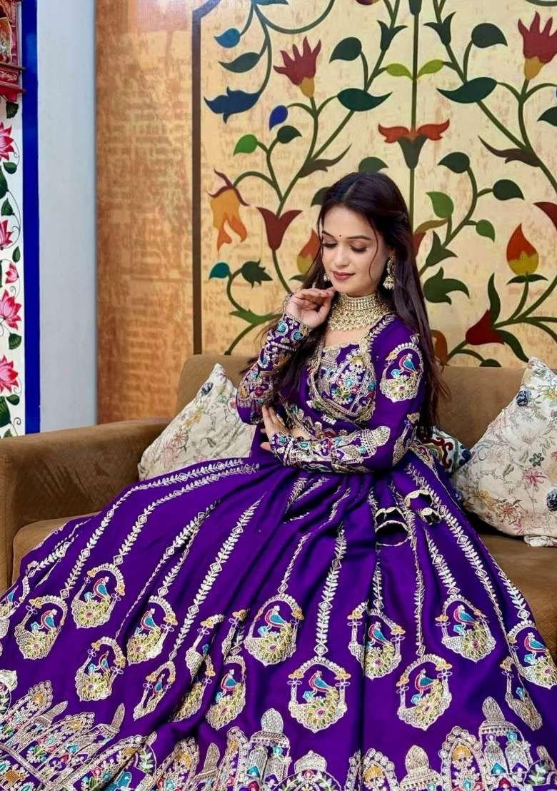 Purple Embroidered Vichitra Lehenga Set - Indya