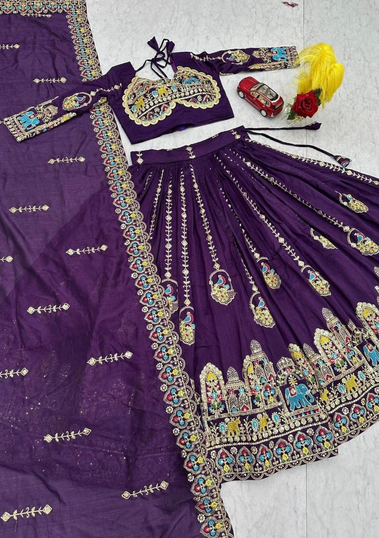Purple Embroidered Vichitra Lehenga Set - Indya